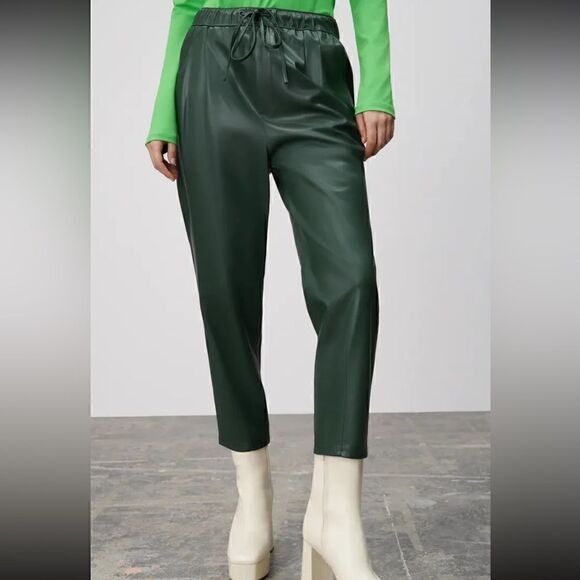 Zara Green Faux Leather Mobwife The Weekender Tie Waist Crop Pants - Picture 5 of 12
